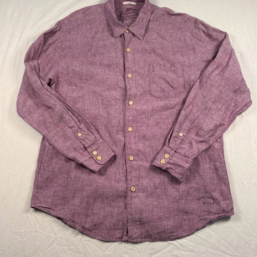 Tommy‎ Bahama Shirt Mens XL 100% Linen Button Up Purple Long Sleeve Relax